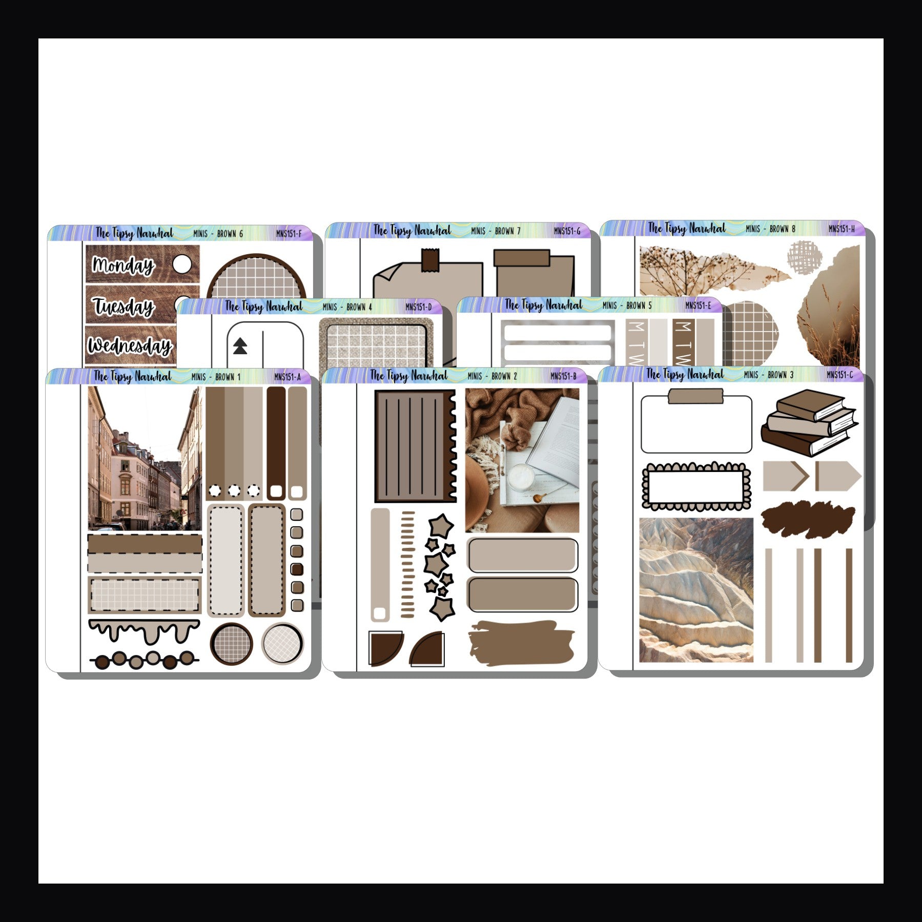 Neutrals Freestyle Mini is a collection of 8 small quarter sheet sized sticker pages.  This collection focuses on neutral colors such as brown and beige. 