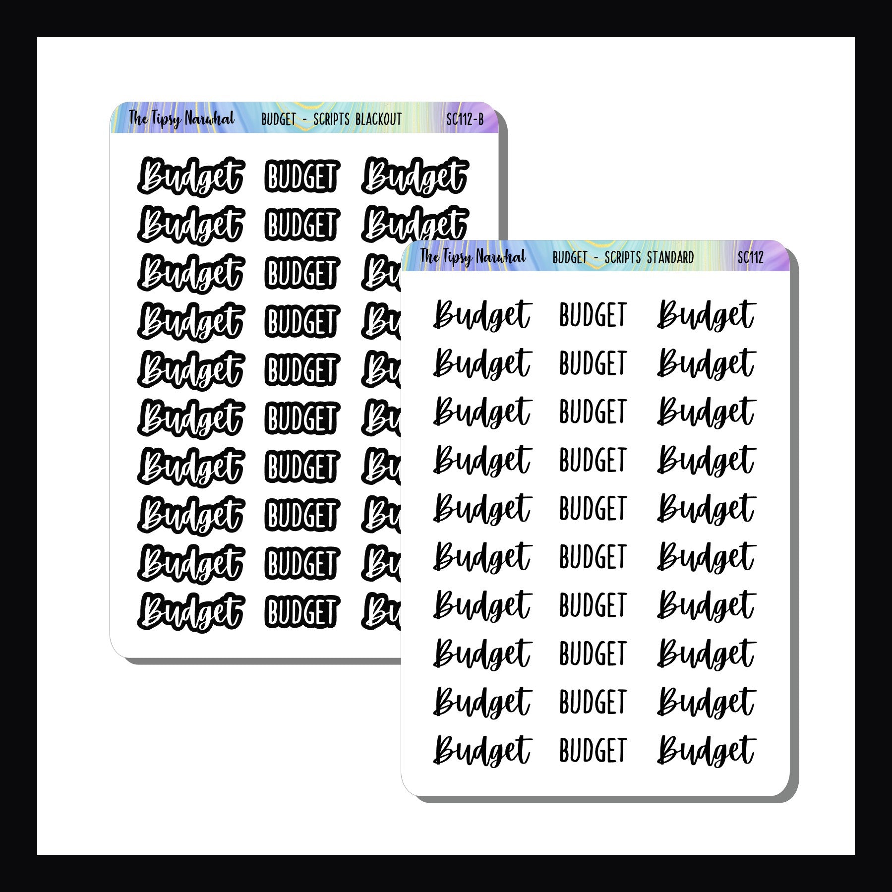Two sheets of 'Budget' planner stickers with different text styles on a white background.