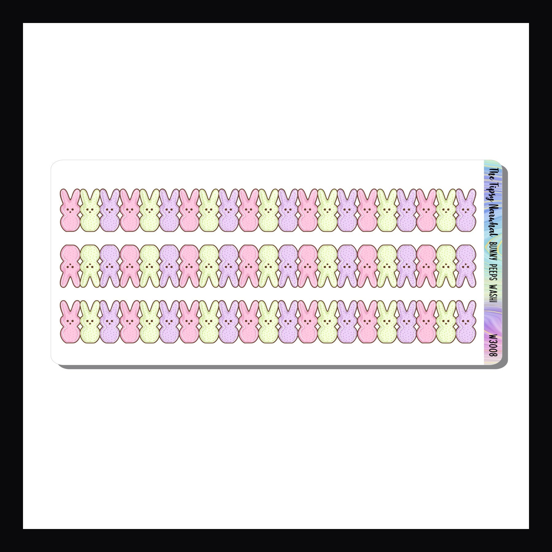 Bunny Peeps Washi Sheet features 3 strips of washi stickers featuring peep bunnies in various pastel colors. 