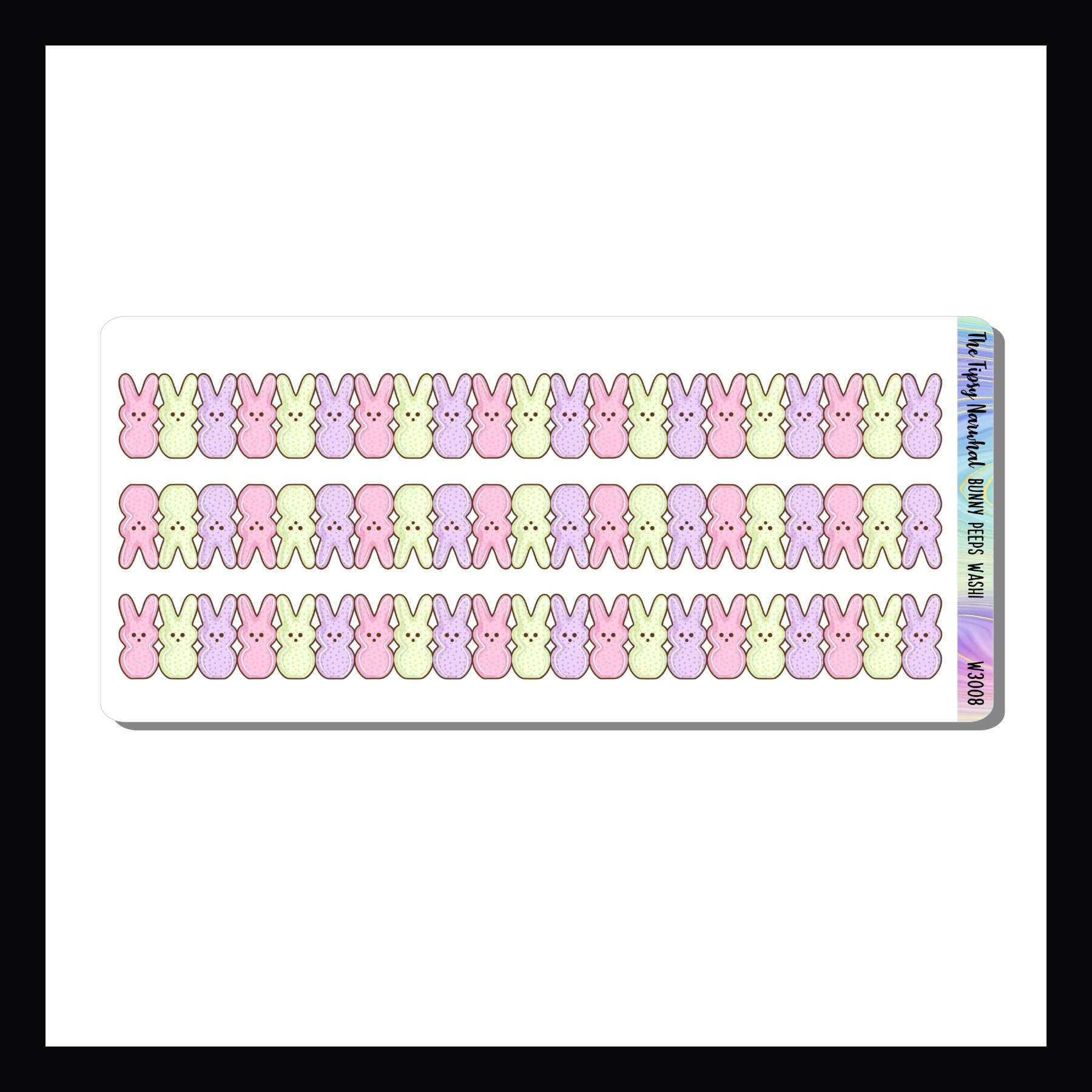 Bunny Peeps Washi Sheet features 3 strips of washi stickers featuring peep bunnies in various pastel colors. 