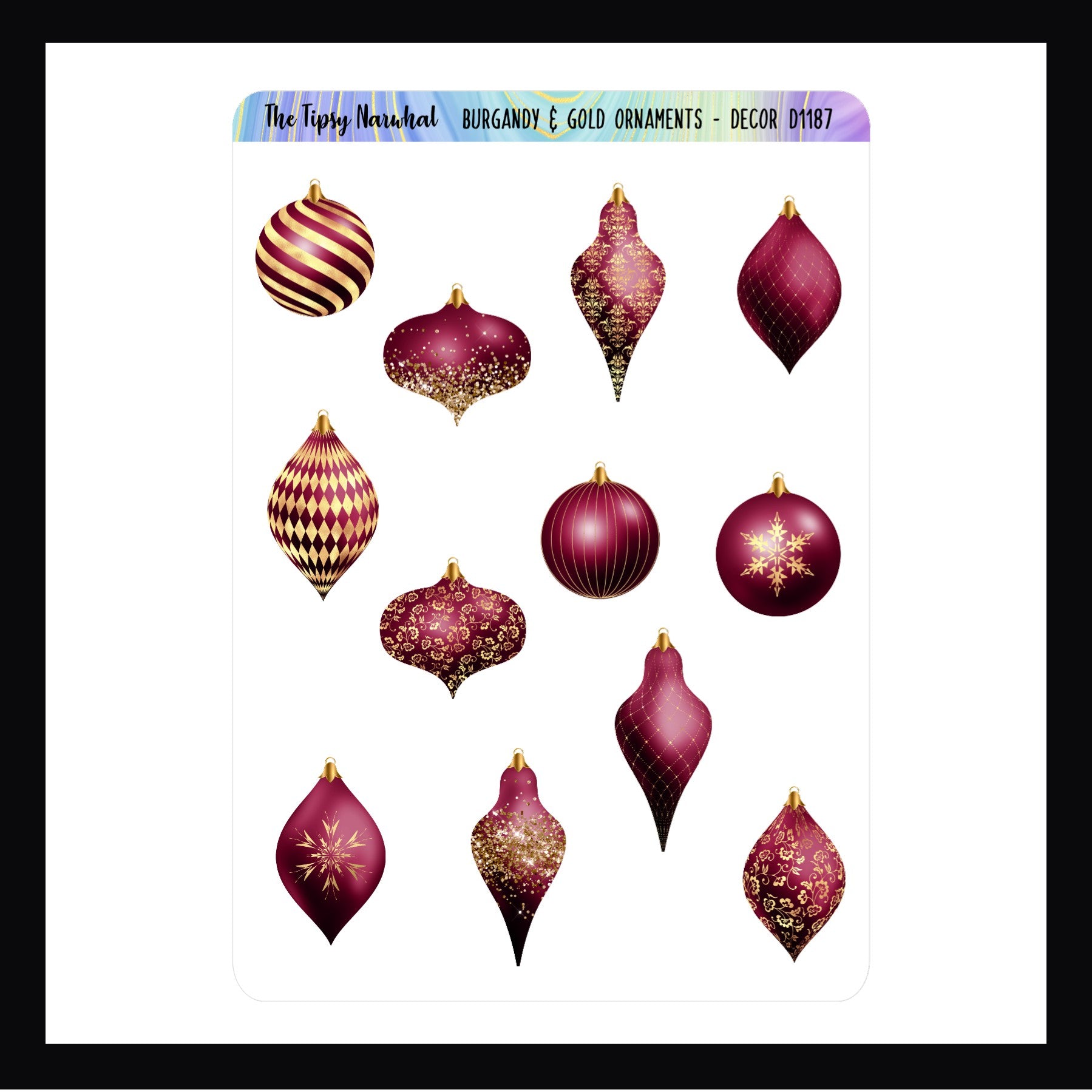 Burgundy & Gold Ornaments Decor Sheet features 12 Burgundy and gold ornament stickers in various shapes and patterns. Stickers shown on a white background.