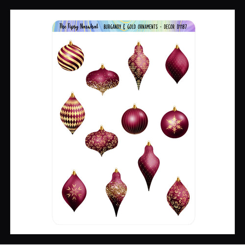 Burgundy & Gold Ornaments Decor Sheet features 12 Burgundy and gold ornament stickers in various shapes and patterns. Stickers shown on a white background.