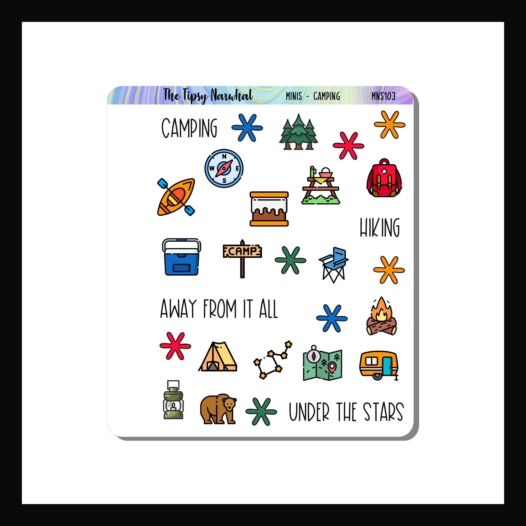 Mini Icons Sheets Camping is a 3.5 x 4" sticker sheet featuring various camping icons. Perfect for small format planners, monthly layouts, wall calendars or anywhere you would like to mark a camping getaway.