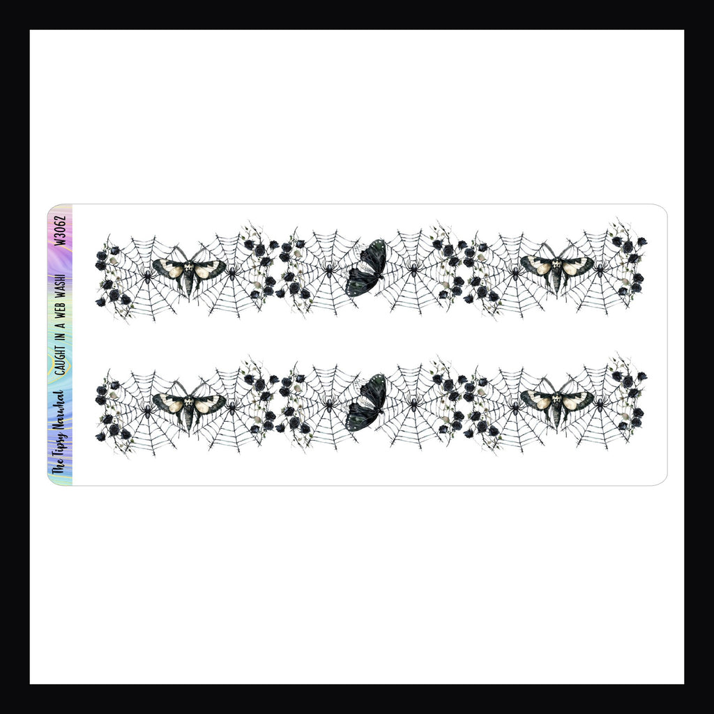 Caught In A Web Washi Sticker Sheet features two fancy cut sticker strips.  The design consists of dark spider webs filled with moss and moths.  Matches the The Damp and The Dead kits.