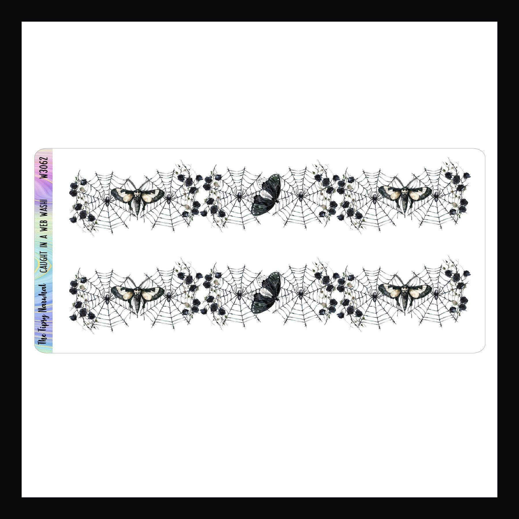 Caught In A Web Washi Sticker Sheet features two fancy cut sticker strips.  The design consists of dark spider webs filled with moss and moths.  Matches the The Damp and The Dead kits.