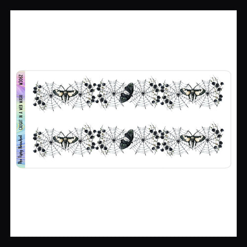 Caught In A Web Washi Sticker Sheet features two fancy cut sticker strips.  The design consists of dark spider webs filled with moss and moths.  Matches the The Damp and The Dead kits.