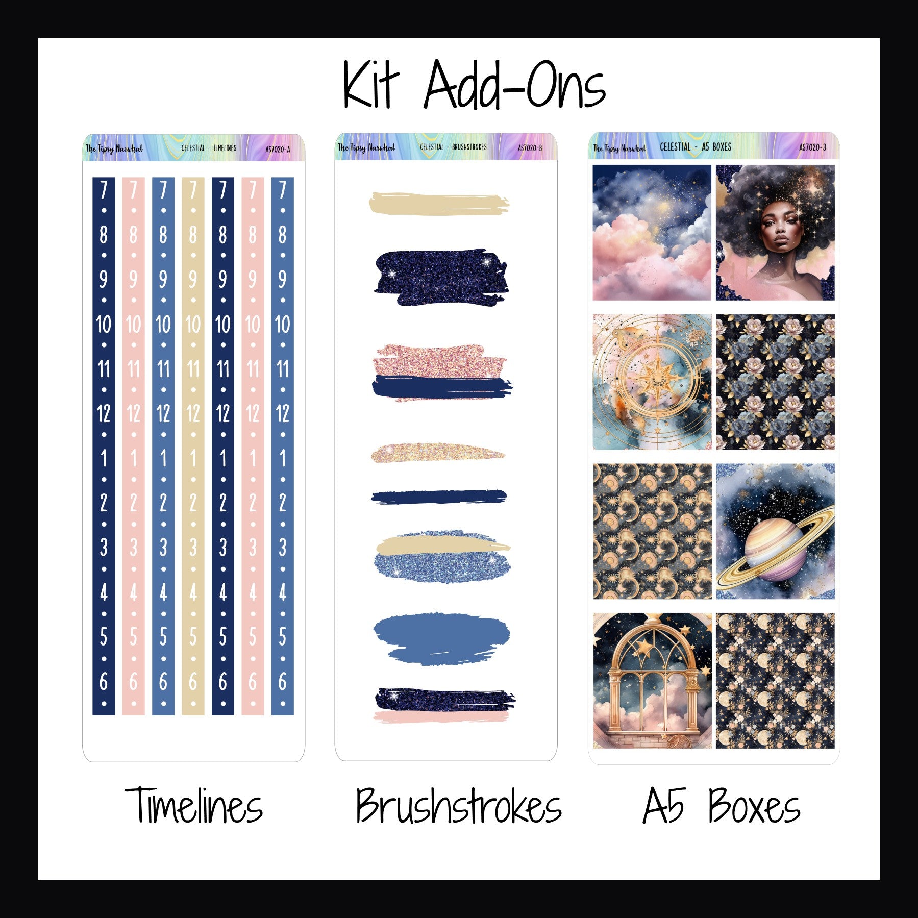 Celestial Kit add-ons include a sheet of timelines, brushstroke stickers and a sheet of a5 sized boxes. 