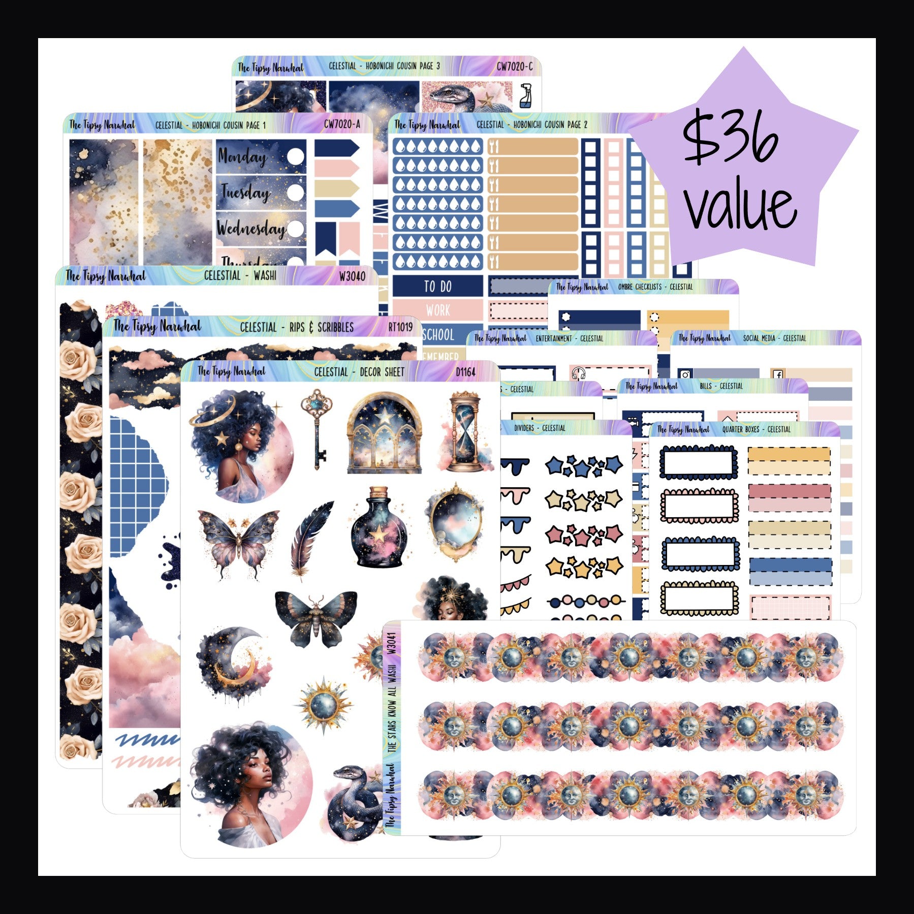 Celestial Hobonichi Cousin Bundle.  The full collections shown on a white background. 