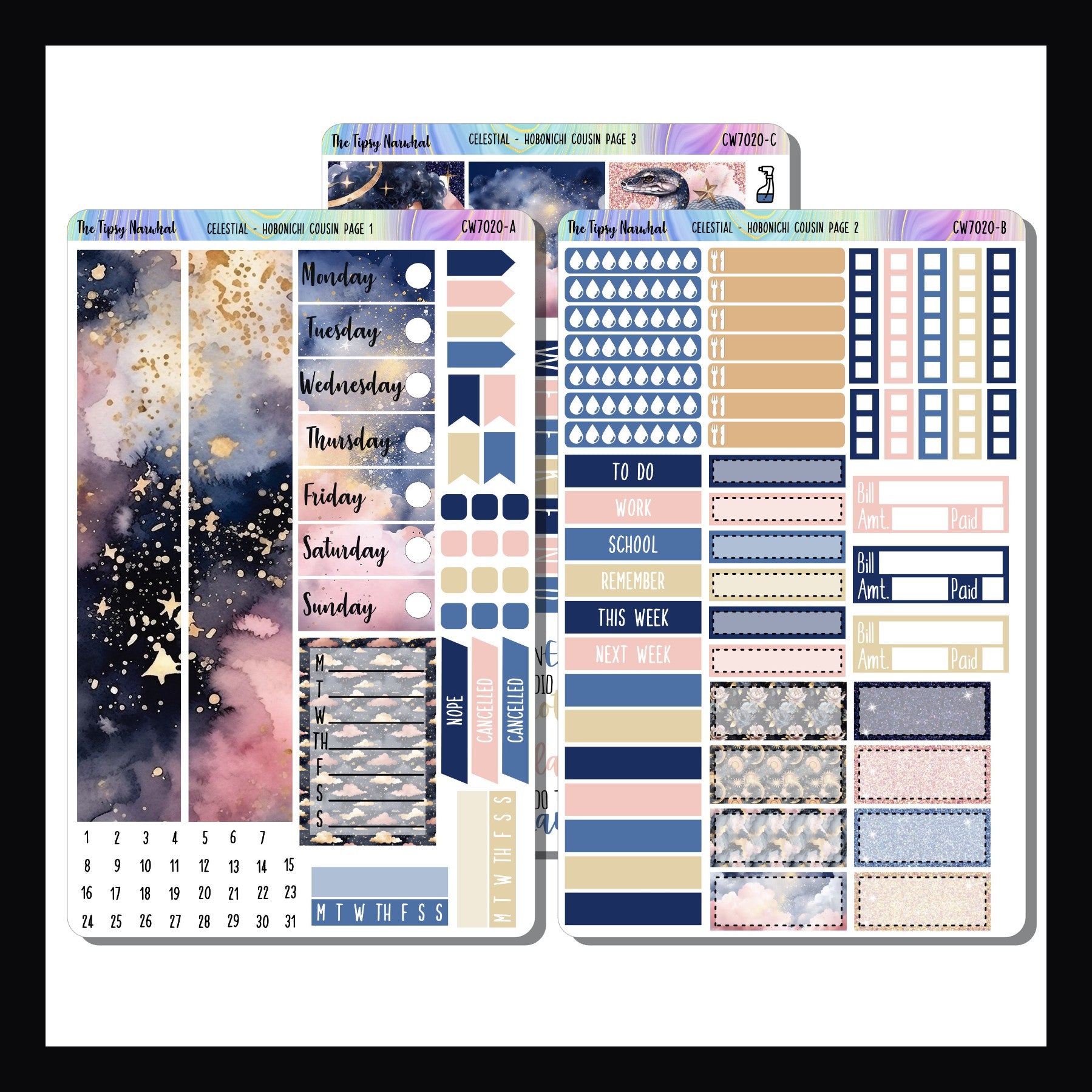 Celestial Hobonichi Cousin Kit 3 page sticker kit on white background. Kit features a navy and blush color palette and a magical celestial theme. 