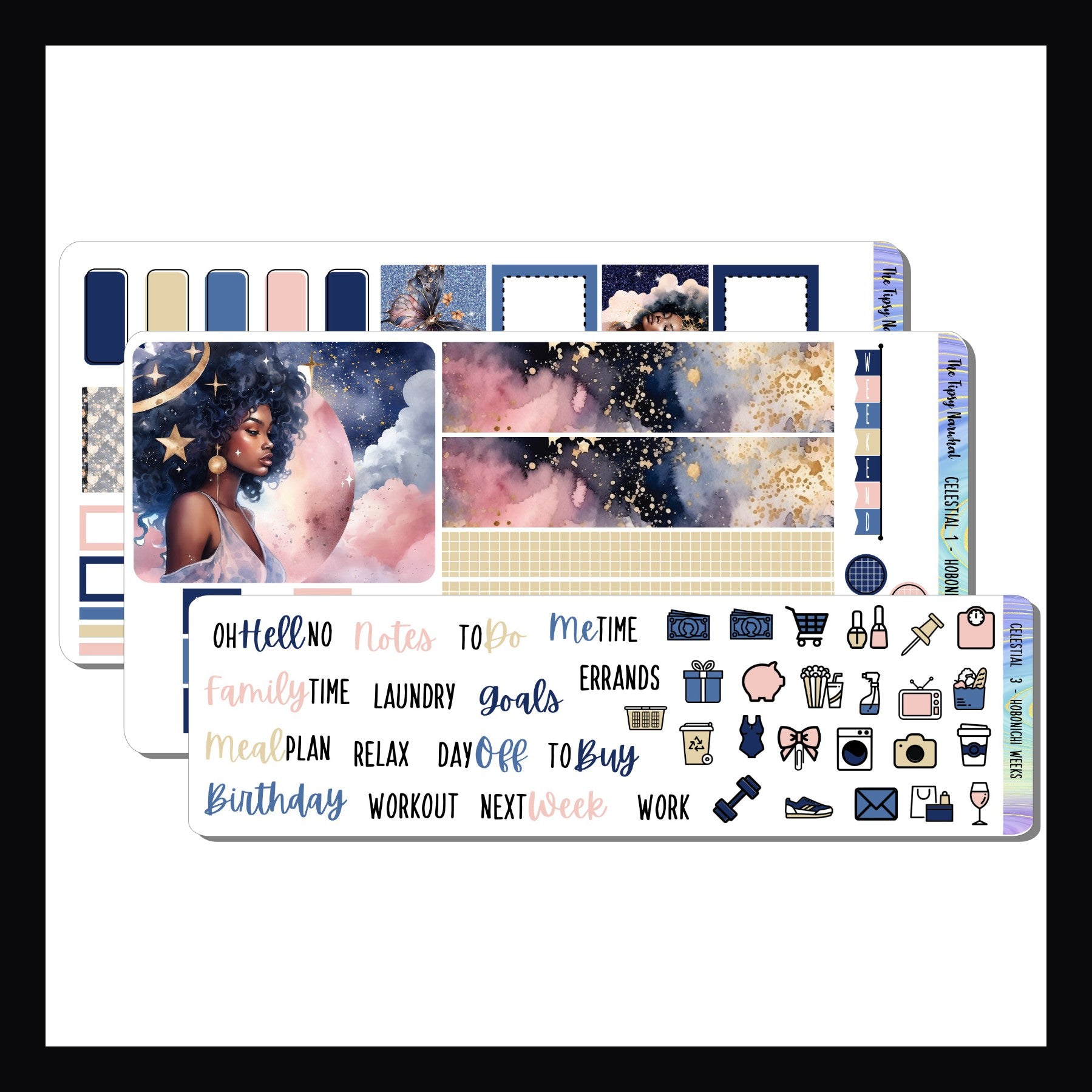 Celestial Hobonichi Weeks Kit - 3 page sticker kit on white background. The kit features a navy and blush color palette and a magical celestial theme. 