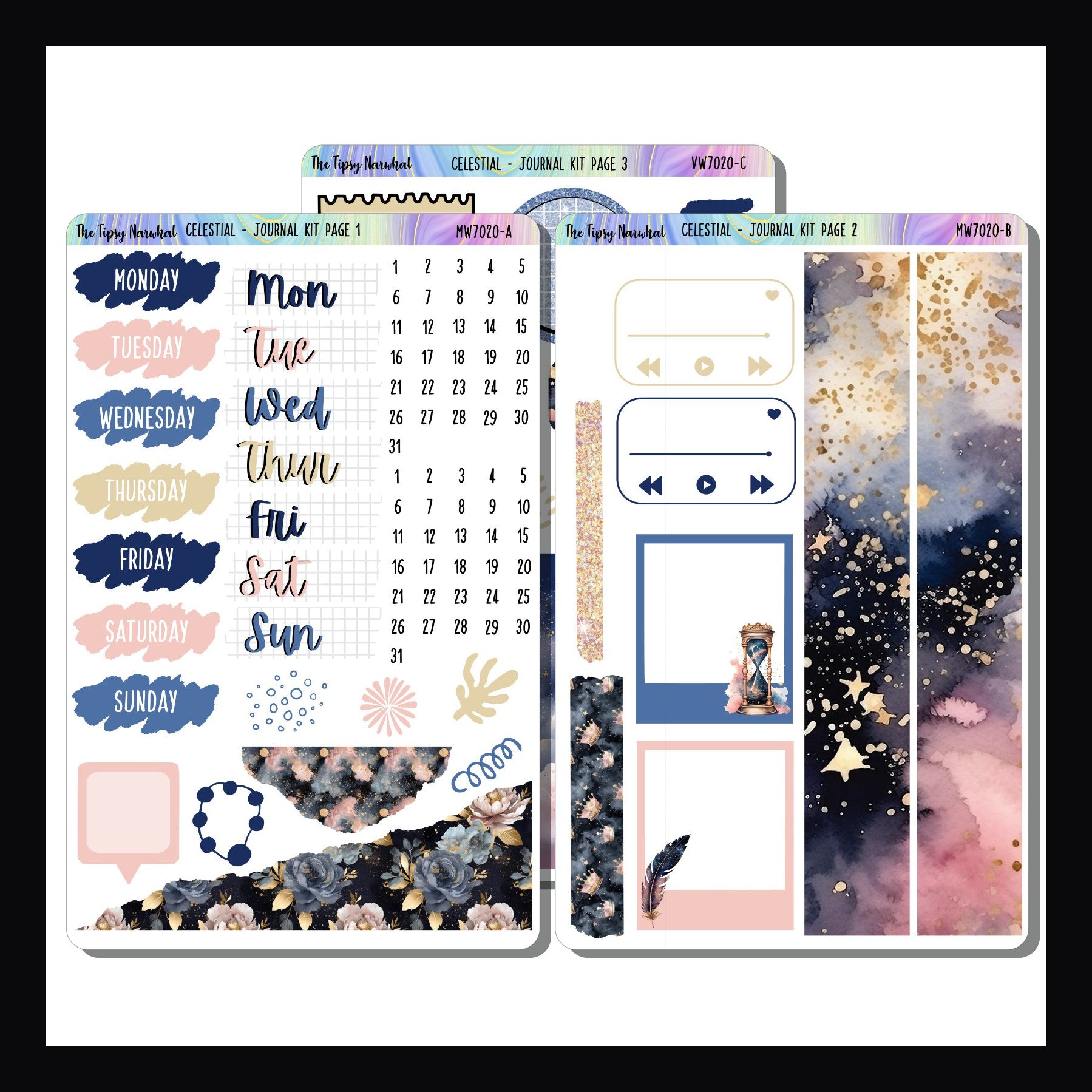 Celestial Journal Kit 3 page sticker kit on white background. Kit features a navy and blush color palette and a magical celestial theme