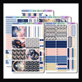 Celestial Vertical Weekly Kit, a collection of 5 sticker pages on a white background. Kit features a navy blue and pink color palette with various celestial designs.