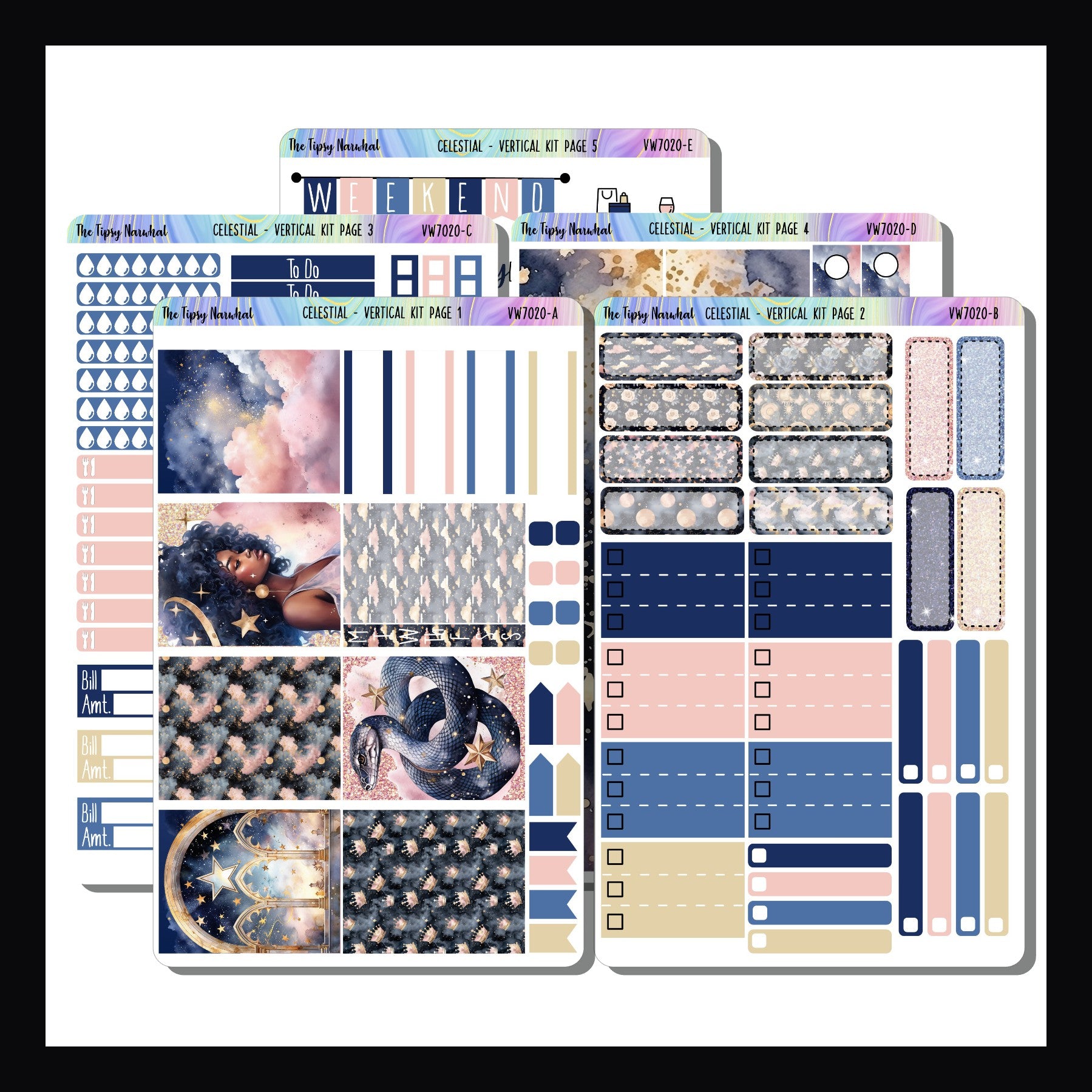 Celestial Vertical Weekly Kit, a collection of 5 sticker pages on a white background. Kit features a navy blue and pink color palette with various celestial designs.