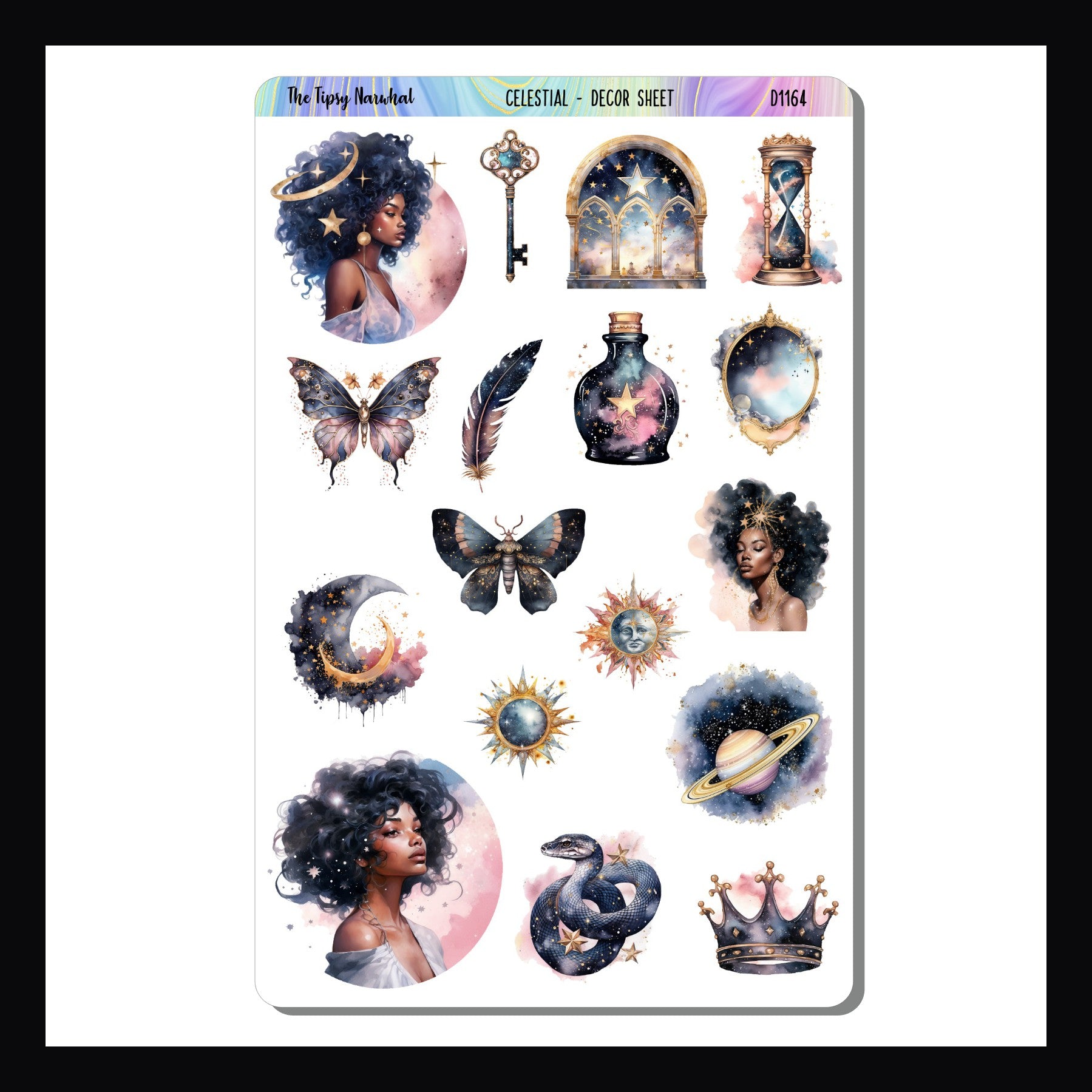 Celestial Decor Sheet on white background. The decor sheet features a collection of decorative stickers with a celestial design. 