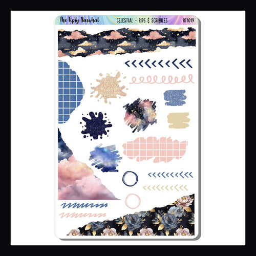 Celestial Rips & Scribbles Sheet on a white background.  Sheet features a selection of stickers with a ripped like design. 