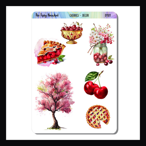 Cherries Decor Sheet is a 3.5 x 5 inch sticker sheet.  The stickers feature a cherry theme from tree to tabletop.