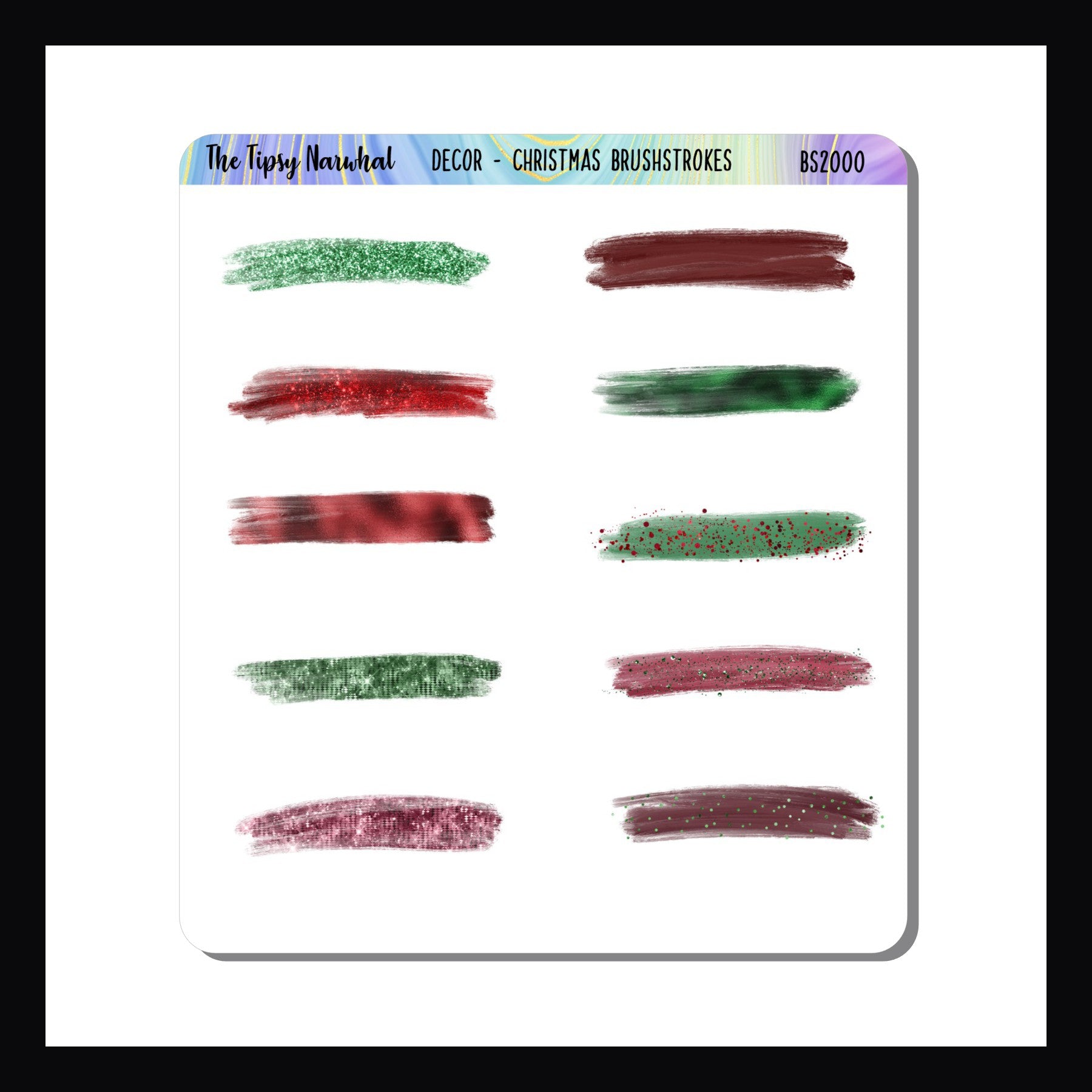Christmas Brushstrokes Sticker Sheet, brushstroke stickers, red brushstrokes, red glitter, metallic red, Green brushstrokes, metallic green, glitter green, glitter stickers, washi stickers