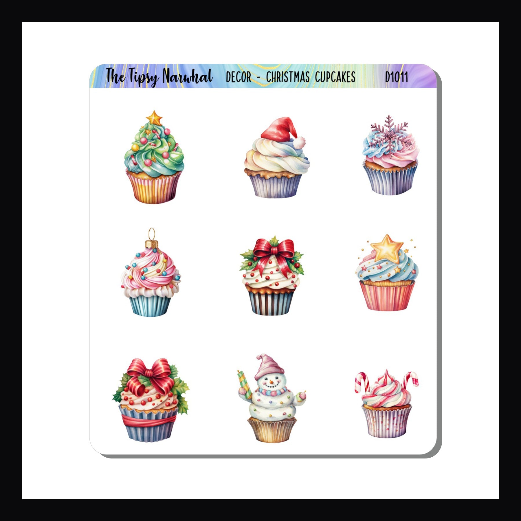 Christmas Cupcakes Stickers, christmas trees, Santa hat, snowflakes, stars, snowmen, peppermint, ribbons, holly, cupcakes, planner stickers, journal stickers