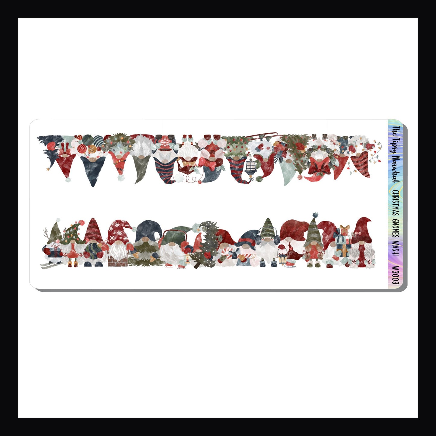 Christmas Gnomes Washi sheet contains two strips of washi sticker strips each featuring multiple Christmas themed gnomes getting ready for the holiday season.