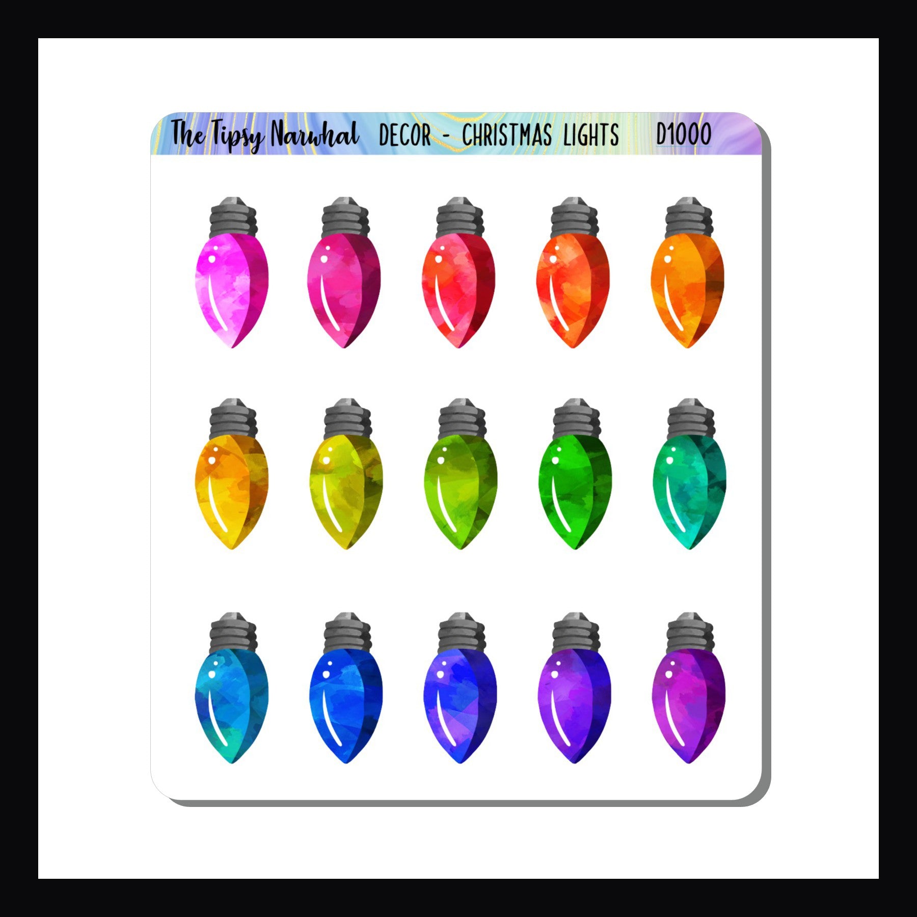 Christmas lights sticker sheet, rainbow colored light bulbs, christmas lights, twinkle lights, decorative stickers, sticker sheet, christmas stickers, colorful stickers, rainbow colors, light bulbs