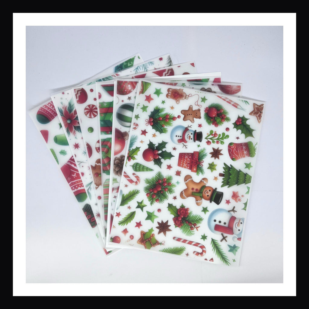 Christmas Morning Vellum is a collection of 6 sheets of printed vellum.  The collection focuses on the sights of Christmas morning and is done in a traditional color palette of red and green. 