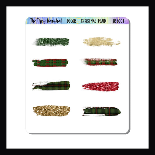 Christmas Plaid Brushstrokes, brushstroke stickers, red, green, gold brushstrokes, plaid brushstrokes, glitter brushstrokes, washi stickers