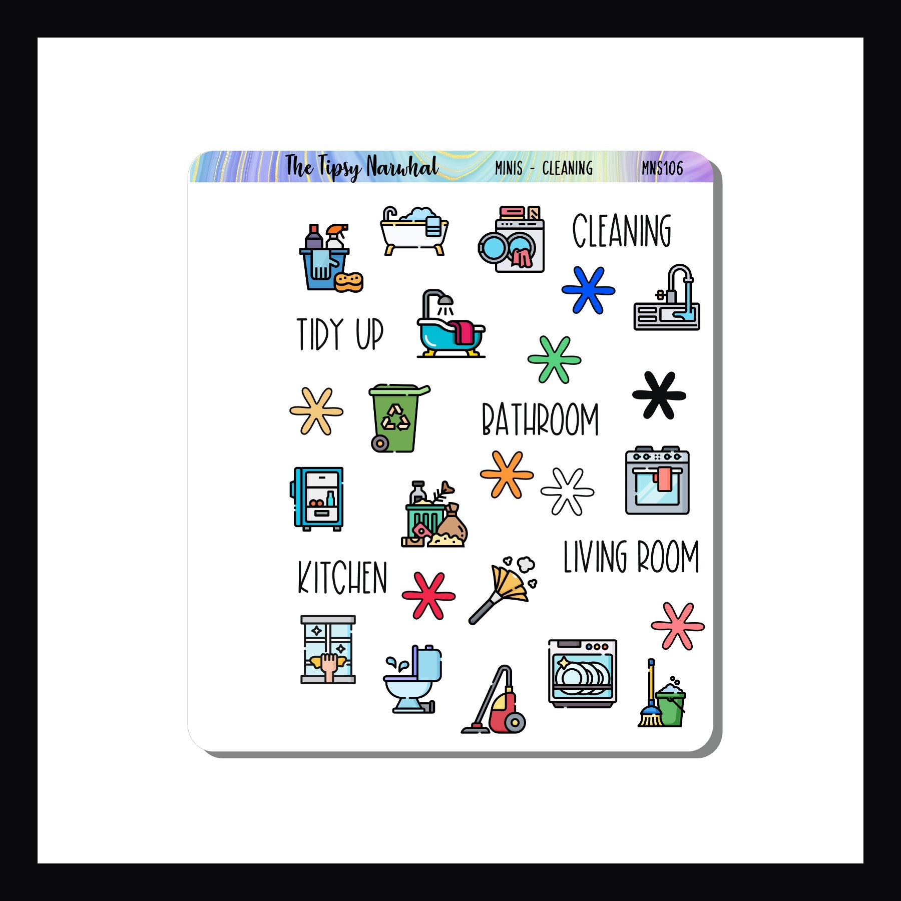 Mini Icon Sheet Cleaning is a 3.5 x 4" sticker sheet featuring various cleaning icons. Perfect for small format planners, monthly layouts, and wall calendars. 