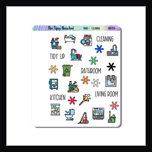 Mini Icon Sheet Cleaning is a 3.5 x 4" sticker sheet featuring various cleaning icons. Perfect for small format planners, monthly layouts, and wall calendars. 