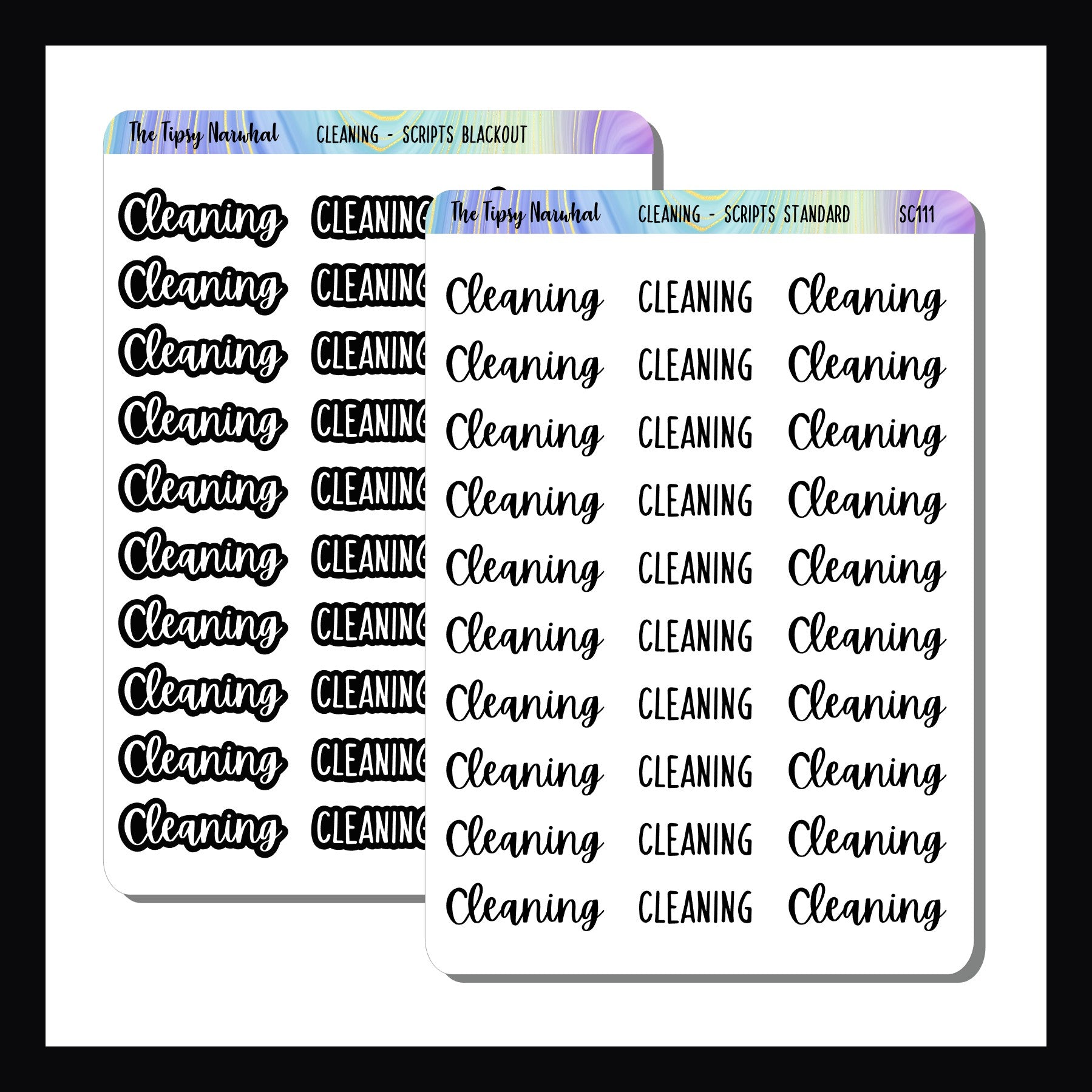 Sheet of 'Cleaning' label stickers with a colorful border on a white background.