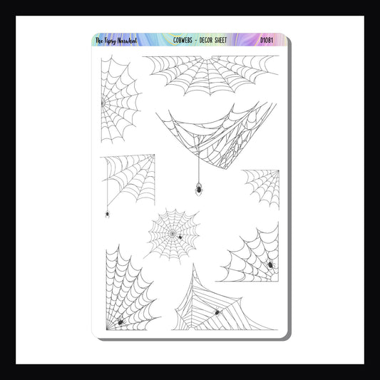 Cobwebs Decor Sheet is a 4.5 x 7 inch sticker sheet.  It features 9 uniquely designed cobweb stickers.  Each sticker varies in size.