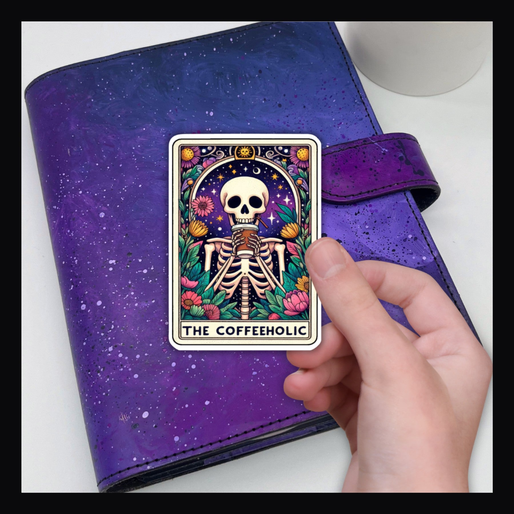 Alternative Tarot Die Cut - The Coffeeholic shown here on a purple planner.