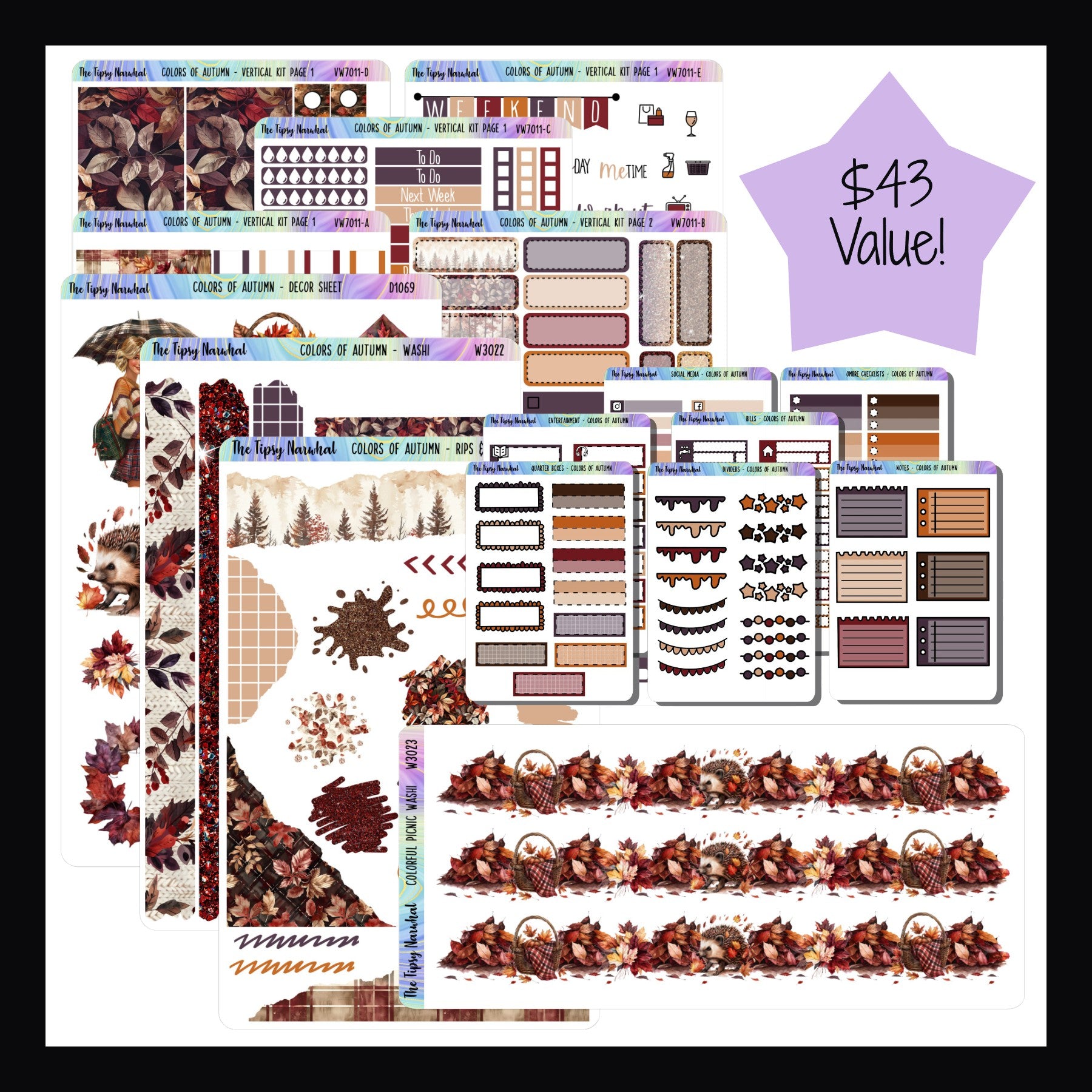 Colors of Autumn Vertical Bundle offers the full Colors of Autumn sticker collection at a special discounted price.  Bundle includes the original 5 page kit in the vertical format, decor sheet, washi sheet, rips & scribbles sheet, the fancy washi sheet and the full 7 page functional add-on set.  A $43 value.