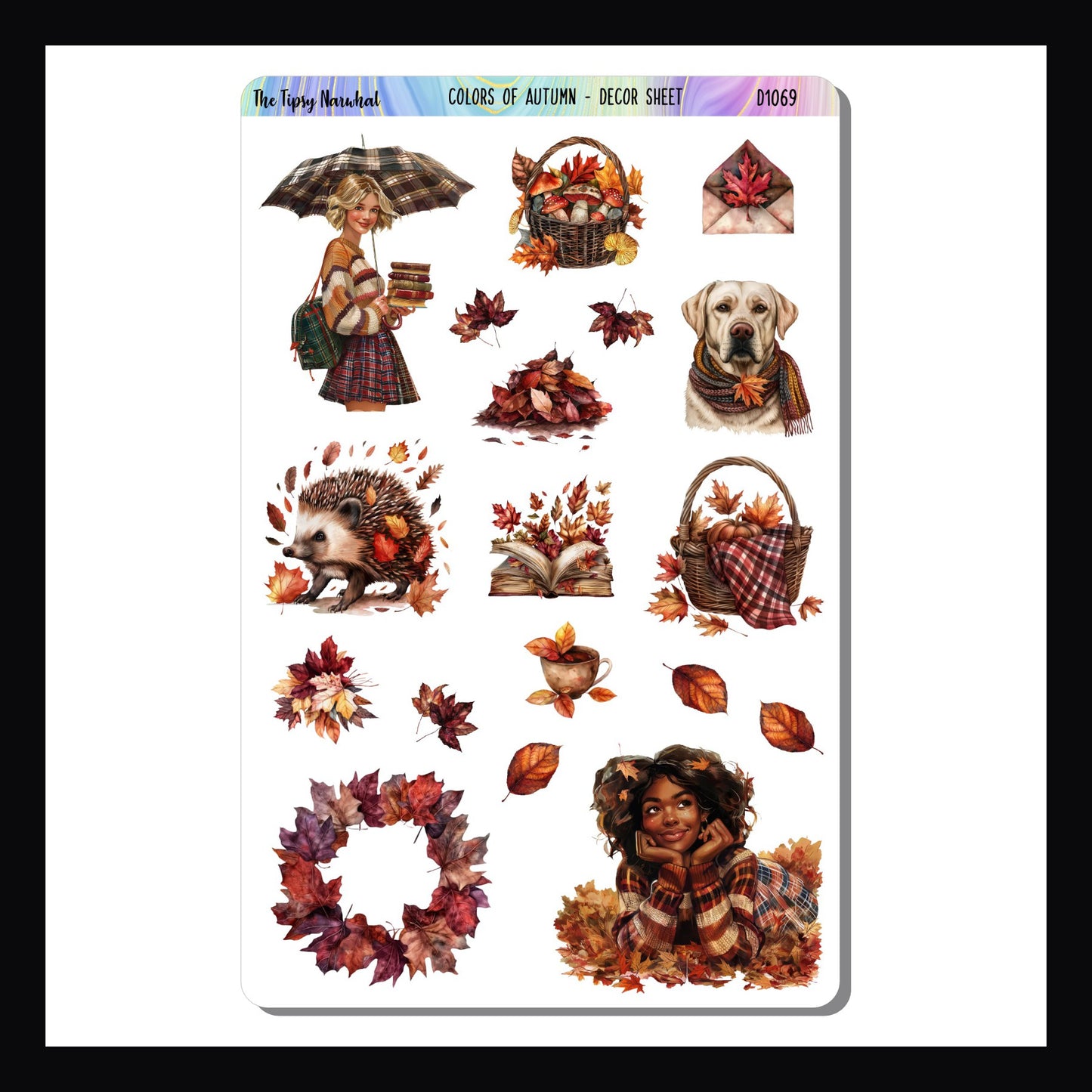 Colors of Autumn Decor Sheet celebrate fall with several fall themed stickers all featuring the rich colors of the season.