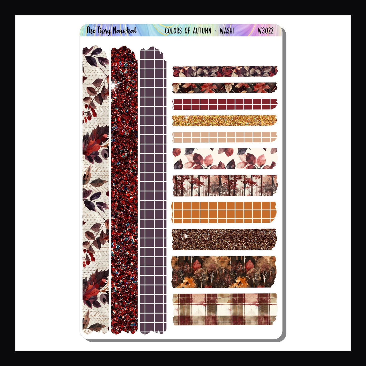 Colors of Autumn Washi sheet features 14 strips of washi stickers.  Each with colors or patterns that perfectly coordinate with the Colors of Autumn Weekly Kits.