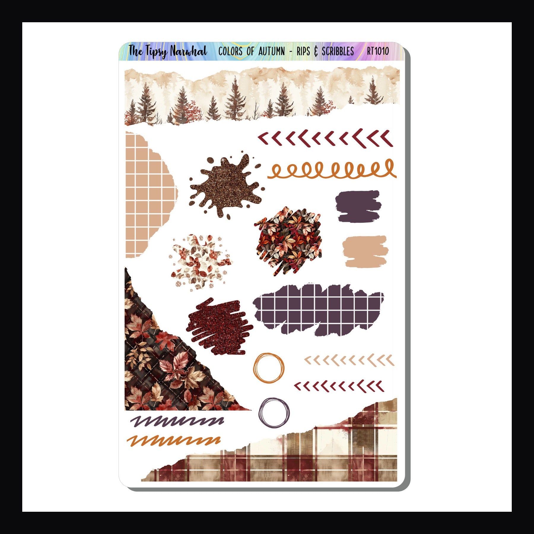 Colors of Autumn Rips & Scribbles sheet is a sticker sheet featuring various stickers with a ripped, scribbled, or splash design.  The colors and patterns perfectly coordinate with the Colors of Autumn Weekly Kits.
