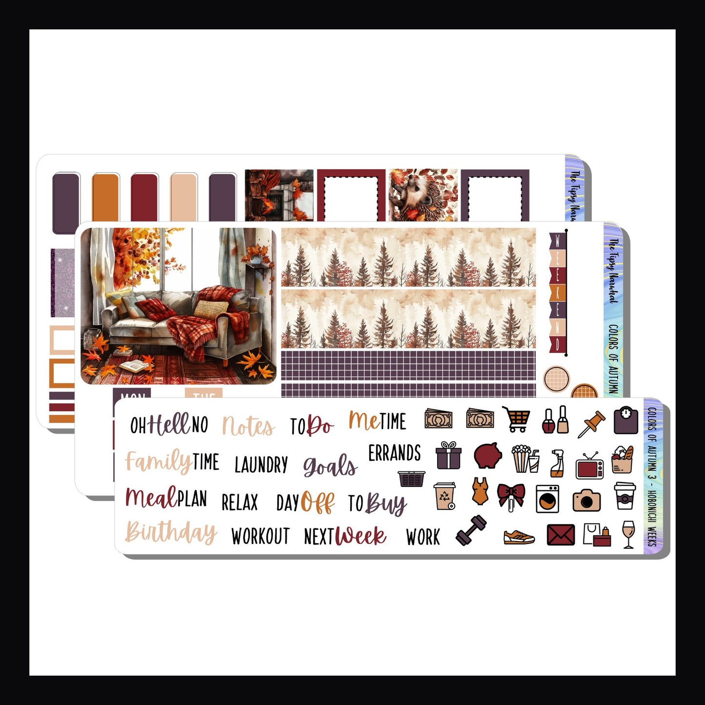 Colors of Autumn Hobonichi Weeks kit is a 3 page sticker kit sized to fit weeks style planners.  It features a fall theme and a rich color palette of reds, oranges, plums, and cream. 