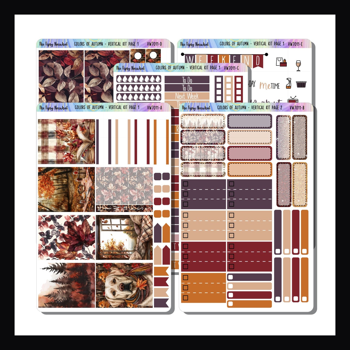 Colors of Autumn Vertical Weekly Kit is a 5 page sticker kit designed to fit most vertical style planners.  It features a fall theme with a rich color palette of reds, oranges, plums, and cream.