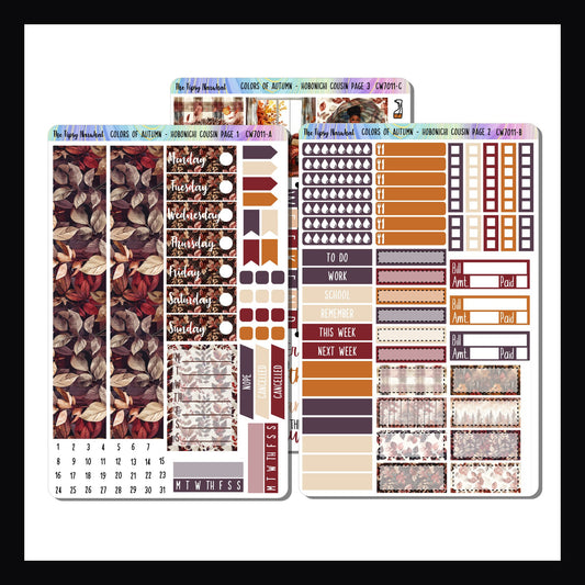 Colors of Autumn Hobonichi Cousin Kit is a three page sticker kit designed to fit the weekly and daily layouts of the Hobonichi Cousin planner.  It features a fall theme with bold colors of reds, oranges, plums and cream. 