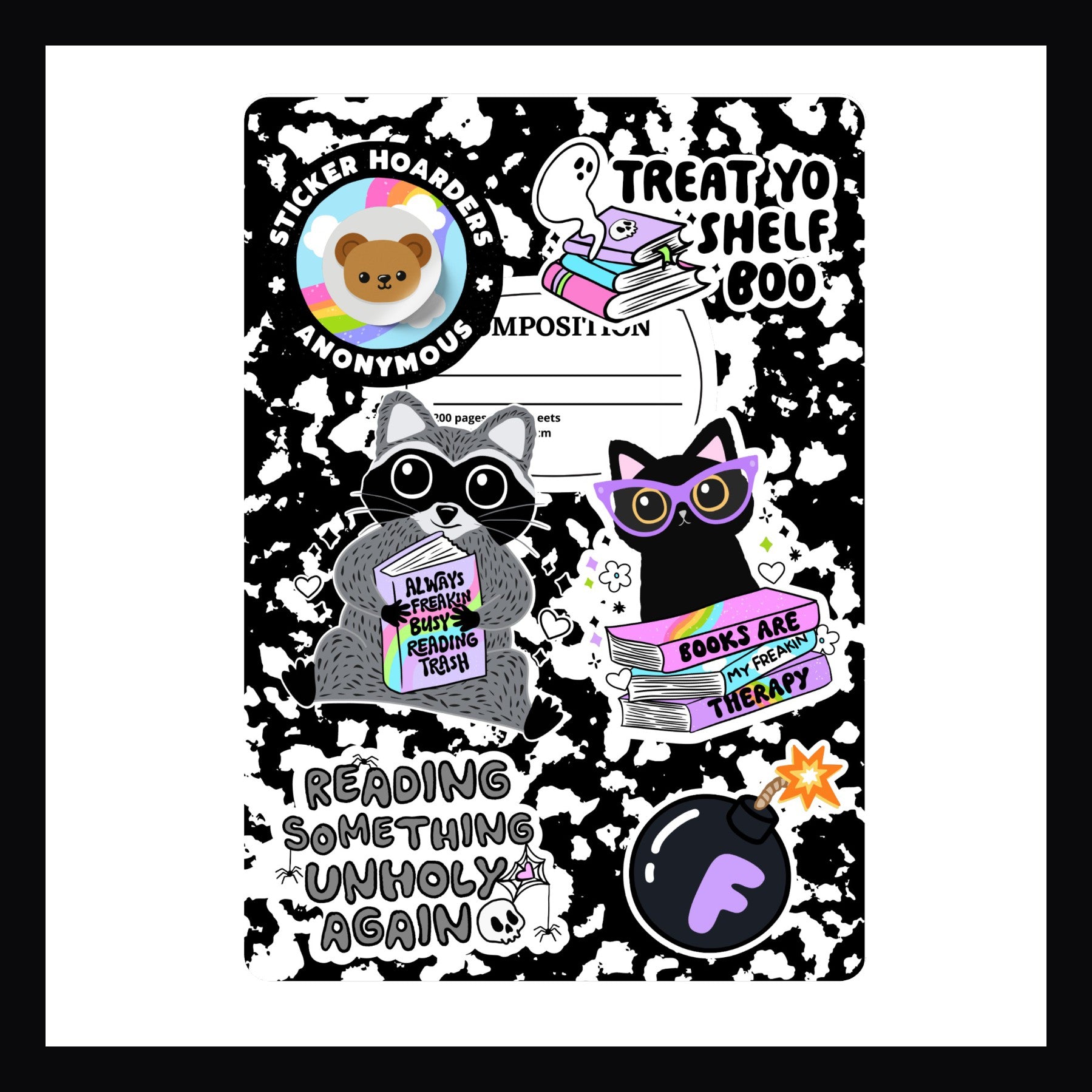 Composition Reader Kindle Insert on white background. Features a composition notebook design covered with fun reading themed stickers. 