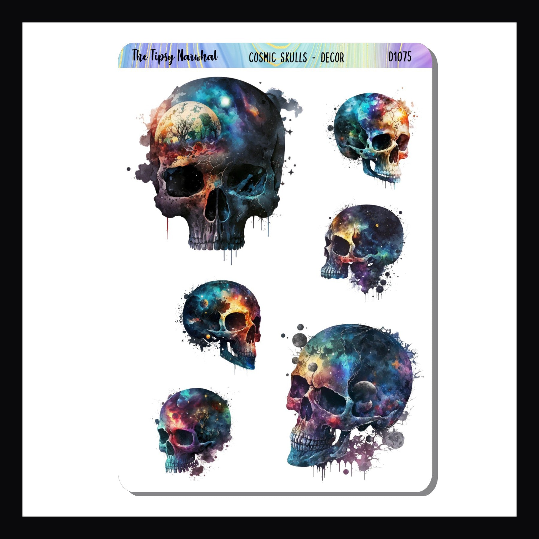 Cosmic Skulls Decor Sheet is a 3.5 x 5 inch sticker sheet featuring skull stickers with a space theme.  Each sticker features a unique design and varies in size. 6 stickers total.