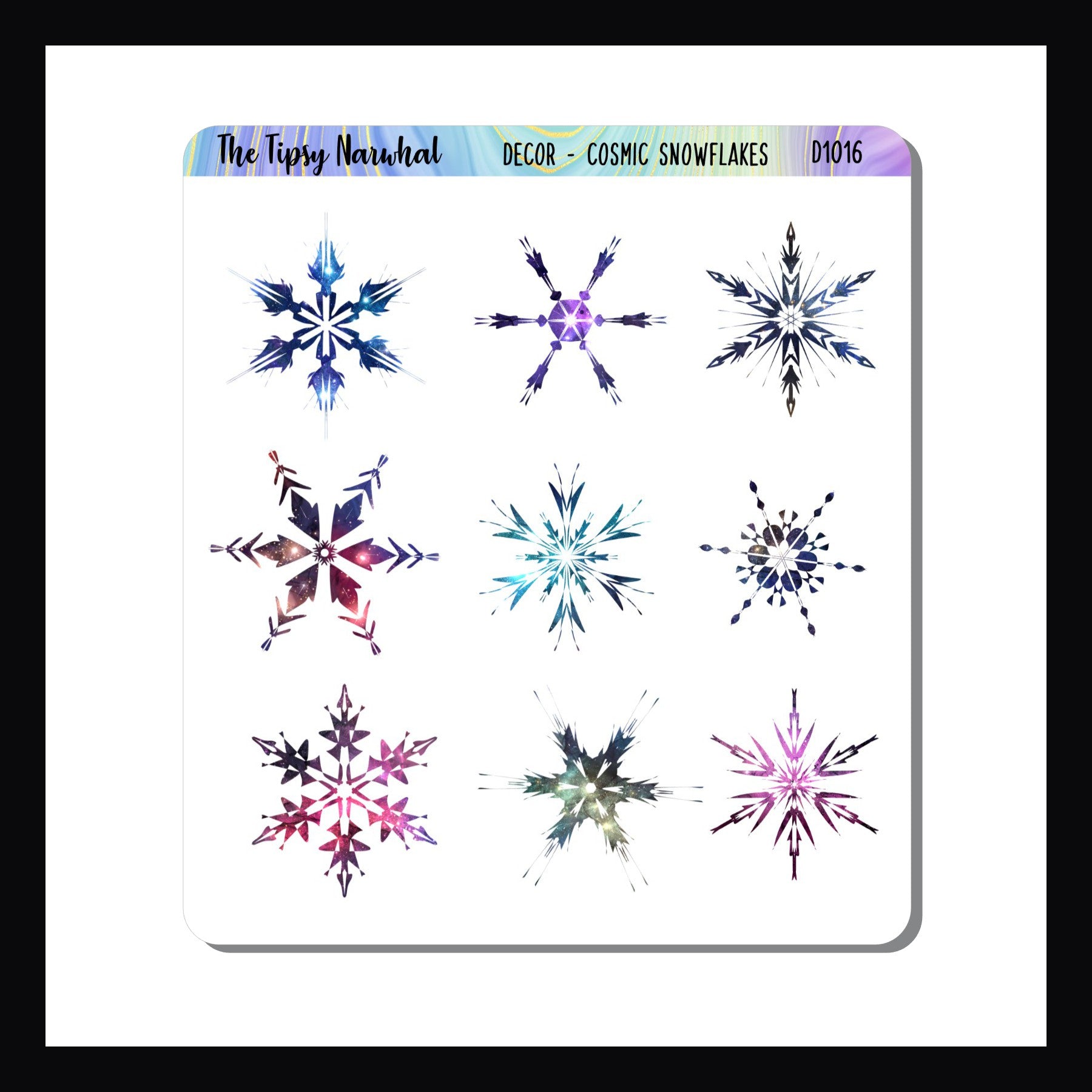 cosmic snowflake stickers, holiday stickers, winter stickers, snowflakes made of stars, galaxy, space