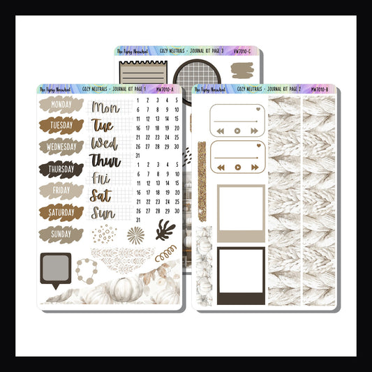 Cozy Neutrals Journal Kit is 3 page sticker kit designed with journals in mind.  It focuses on a cozy fall aesthetic and features a neutral color palette. 