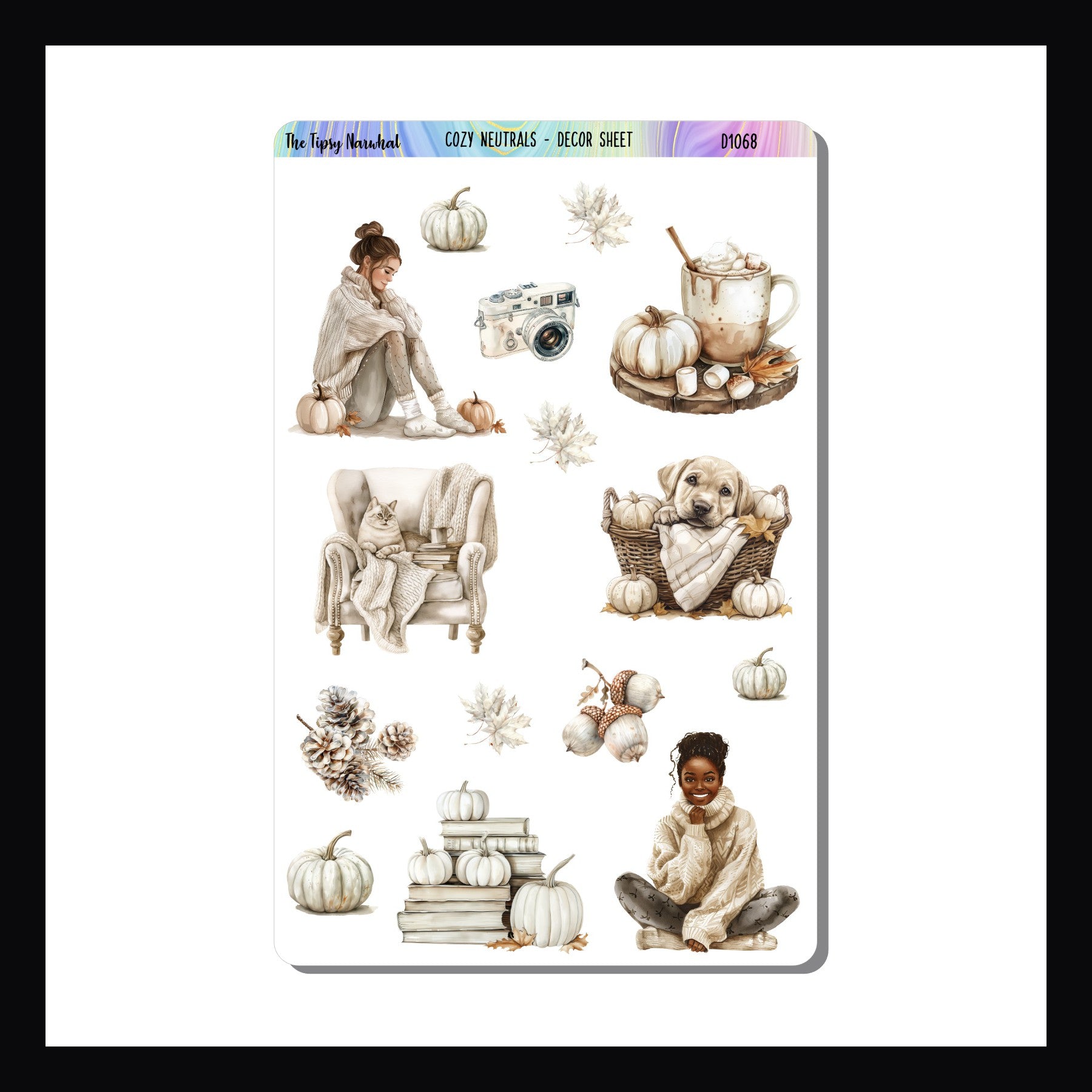 Cozy Neutrals Decor Sheet is a 4.5 x 7 inch sheet filled with multiple fall themed stickers.  All stickers feature neutral colors and match the Cozy Neutrals sticker kits.  