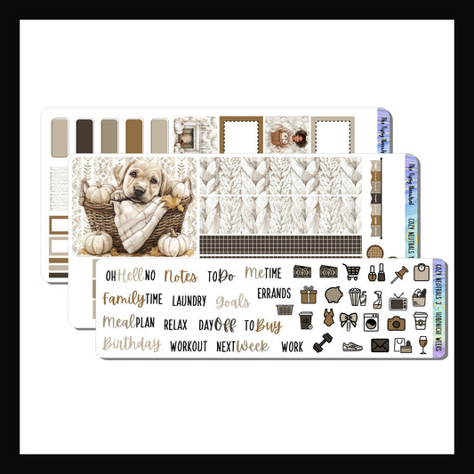 Cozy Neutrals Hobonichi Weeks Kit is a 3 page sticker kit sized to fit the Hobonichi Weeks planner and other similarly sized planners.  It features a cozy fall aesthetic and a neutral toned color palette. 
