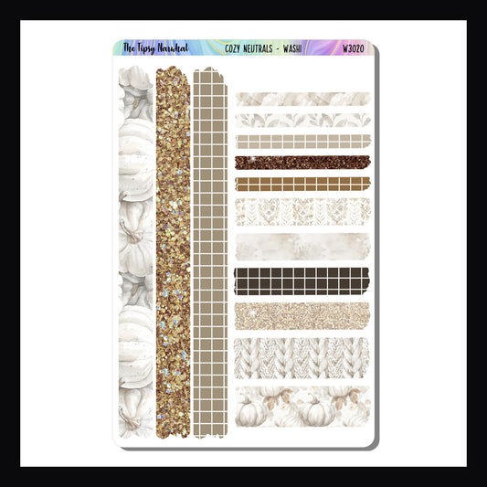 Cozy Neutrals Washi Sheet is a 4.5 x 7 inch sticker sheet featuring 14 strips of washi.  Washi designs coordinate with the Cozy Neutrals Kits. 
