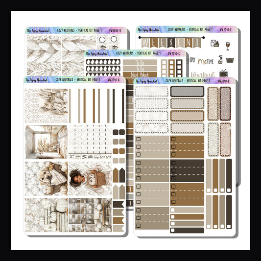 Cozy Neutrals Vertical Kit is a 5 page kit designed to fit most vertical style planners. It features a cozy autumn aesthetic and a neutral color palette. 