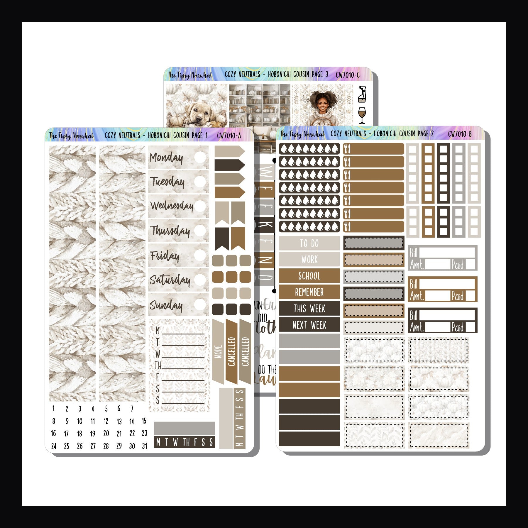 Cozy Neutrals Hobonichi Cousin Kit is a three page sticker kit designed to fit the hoboichi Cousin planners.  Features a fall aesthetic theme in a neutral color palette.