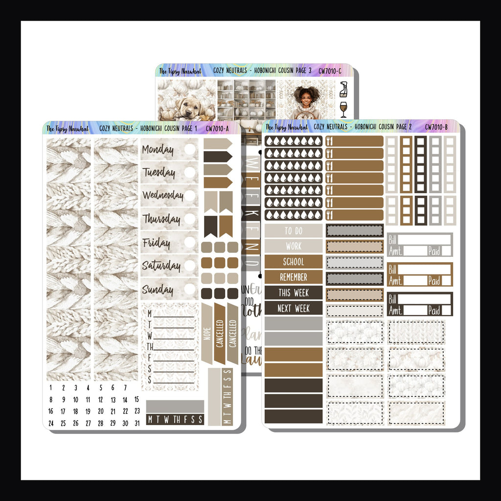 Cozy Neutrals Hobonichi Cousin Kit is a three page sticker kit designed to fit the hoboichi Cousin planners.  Features a fall aesthetic theme in a neutral color palette. 