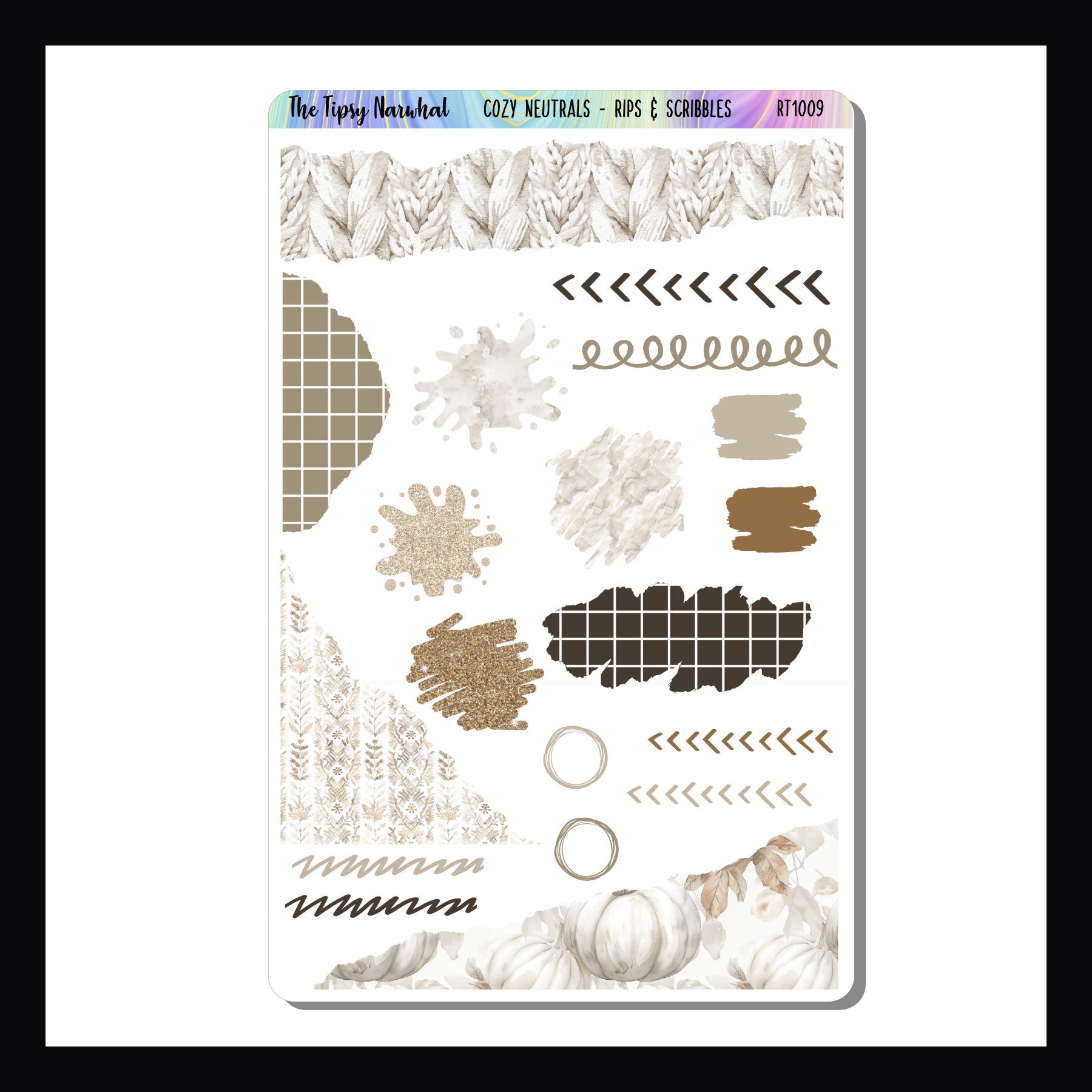 Cozy Neutrals Rips and Scribbles Sheet is a 4.5 x 7 sticker sheet featuring multiple stickers with a torn, scribbled or splash appearance.  The colors and patterns coordinate with the Cozy Neutrals weekly kits.