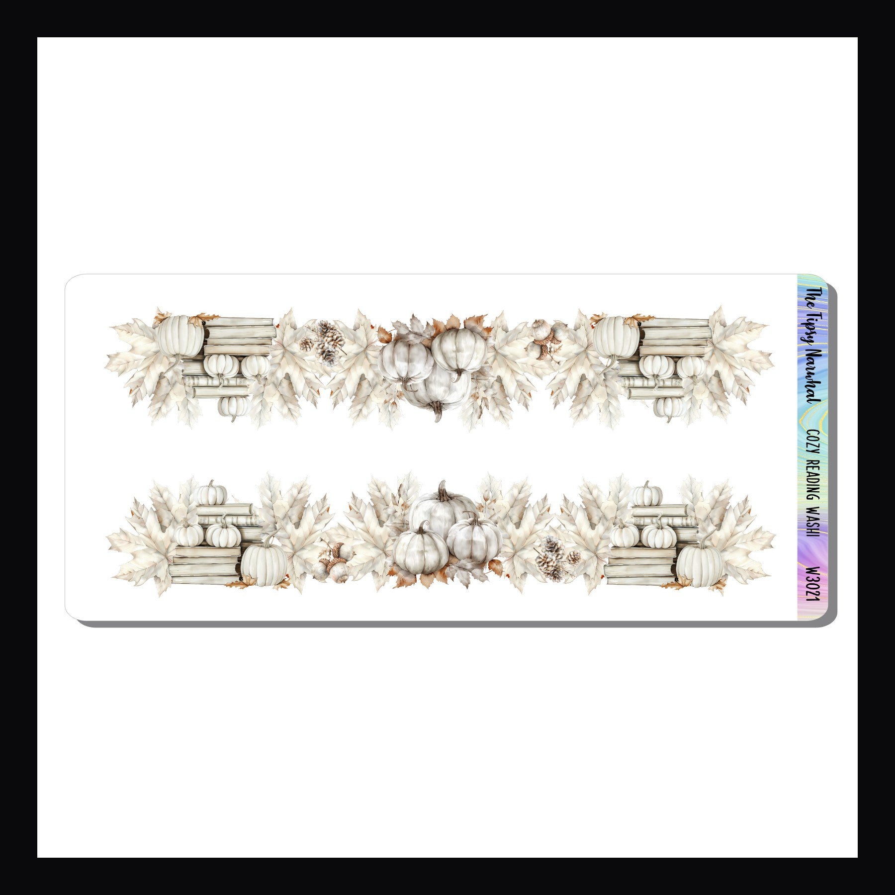 Cozy Reading Washi Sheet features two fancy cut washi stickers each featuring book and pumpkin theme in a neutral color palette. Coordinates with the Cozy Neutrals weekly kits.